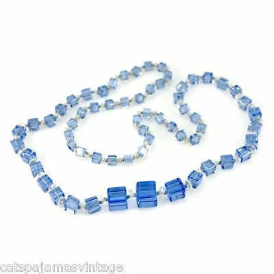 Vintage Chunky Blue Glass Square Beads Necklace 1920S Long