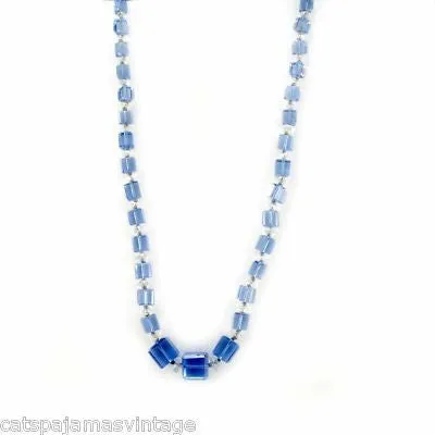 Vintage Chunky Blue Glass Square Beads Necklace 1920S Long