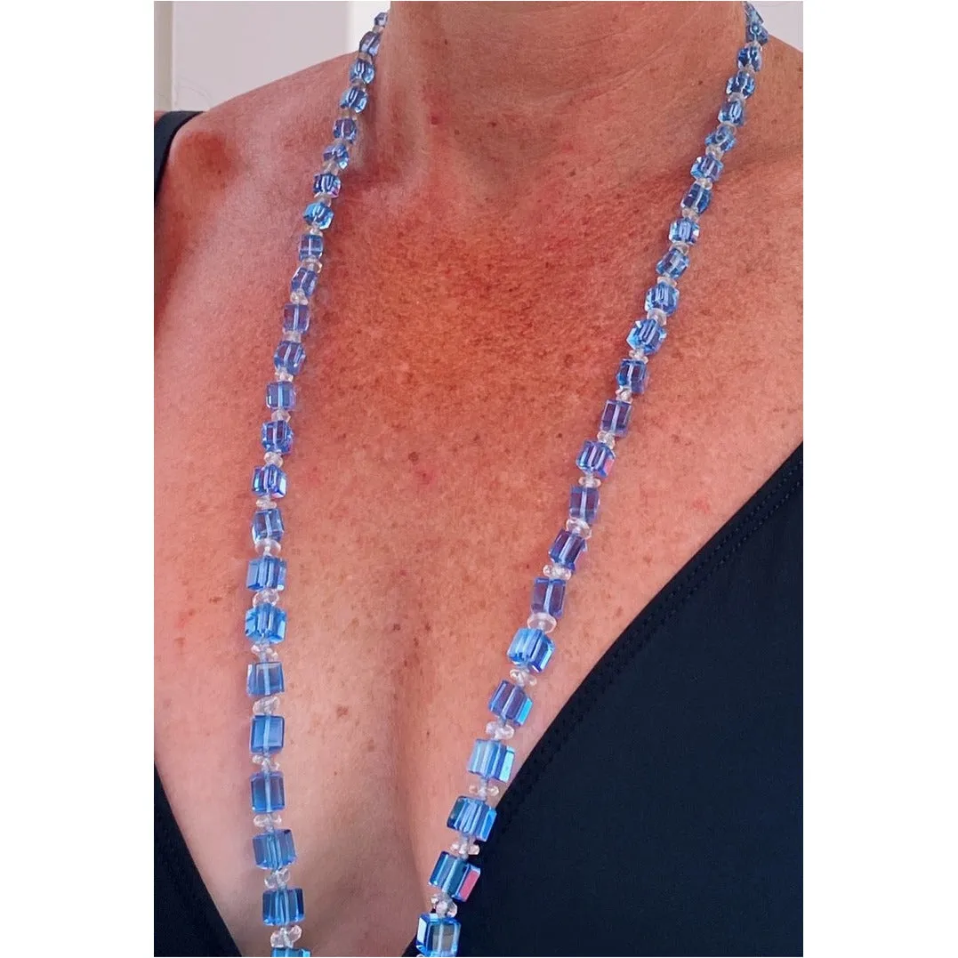 Vintage Chunky Blue Glass Square Beads Necklace 1920S Long