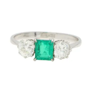 Vintage Emerald and Old Cut Diamond Three Stone Ring