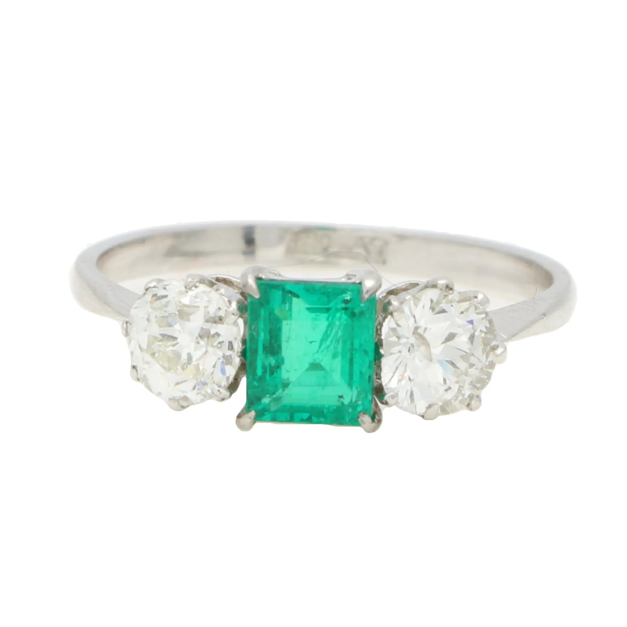 Vintage Emerald and Old Cut Diamond Three Stone Ring