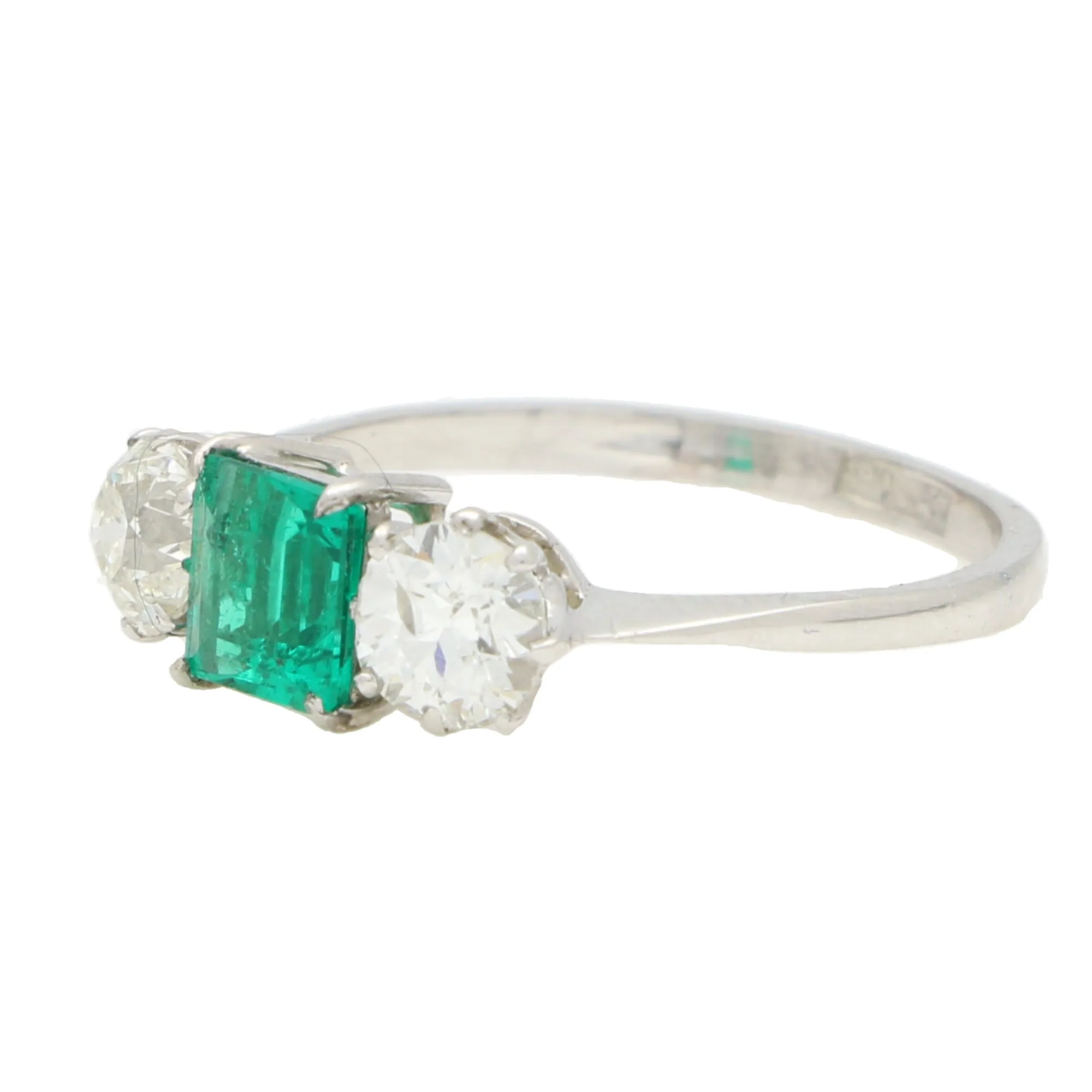 Vintage Emerald and Old Cut Diamond Three Stone Ring