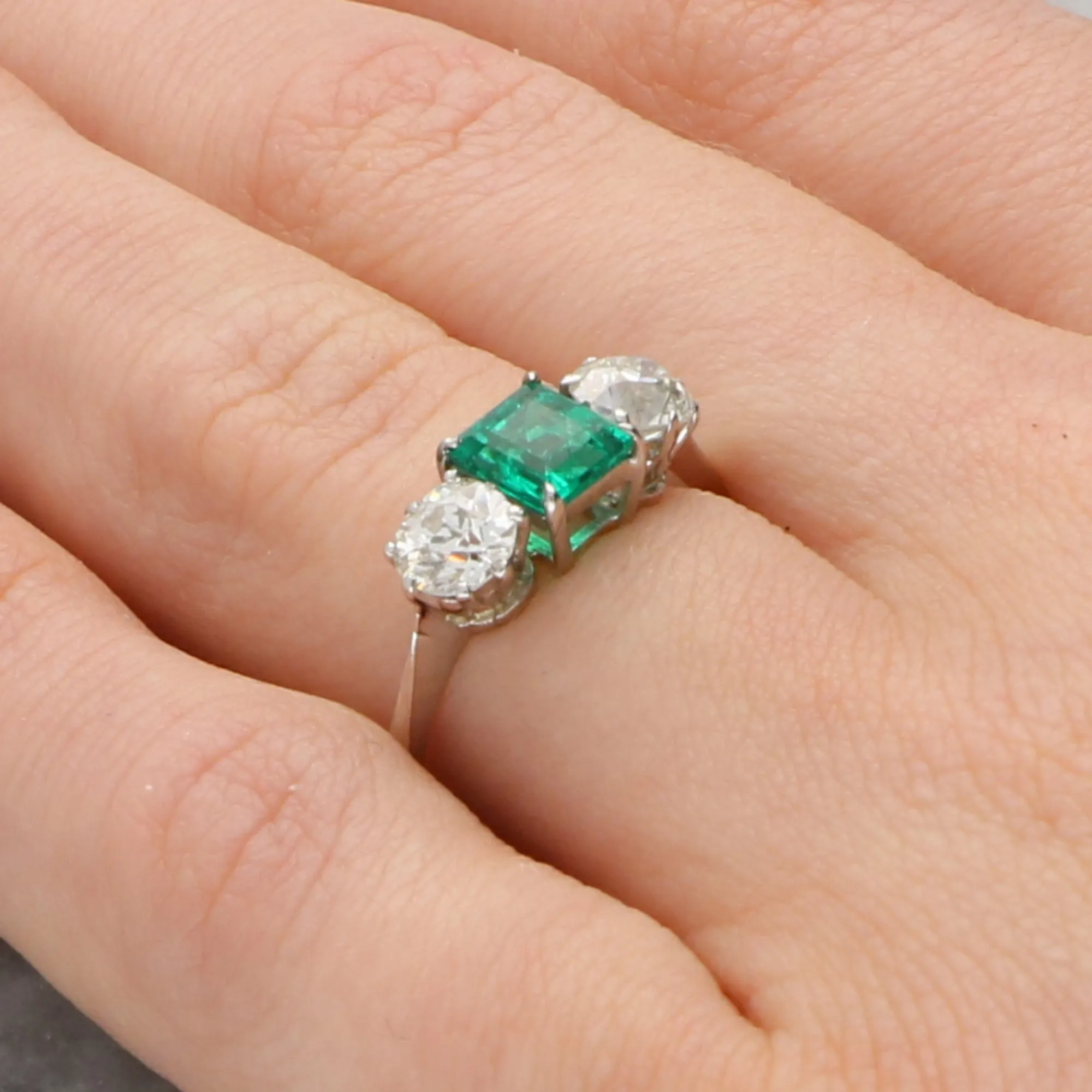 Vintage Emerald and Old Cut Diamond Three Stone Ring