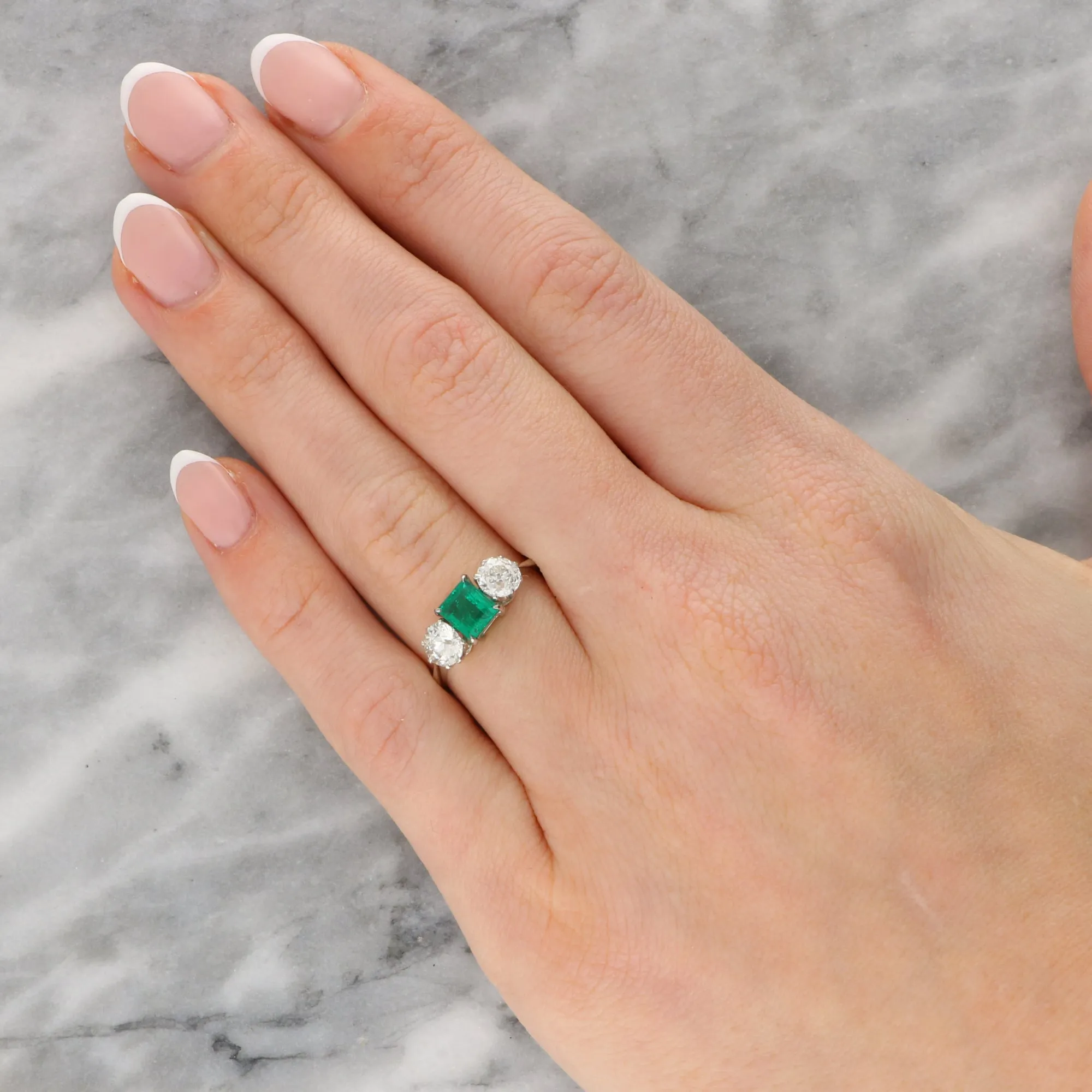 Vintage Emerald and Old Cut Diamond Three Stone Ring