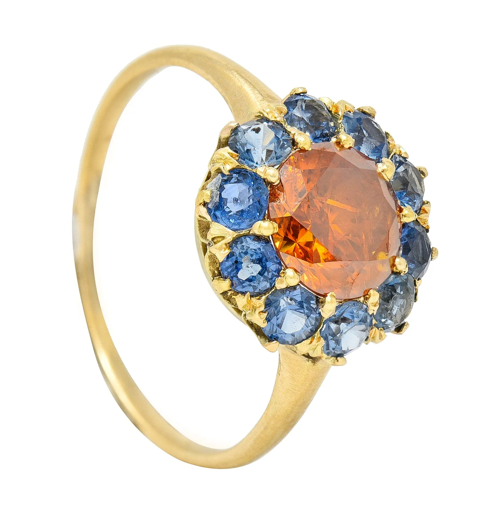 Vintage Fancy Orange Diamond Sapphire 14 Karat Yellow Gold Cluster Ring GIA