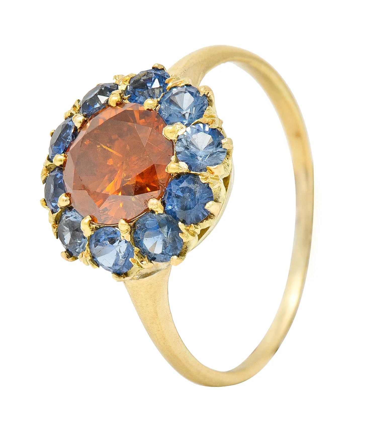 Vintage Fancy Orange Diamond Sapphire 14 Karat Yellow Gold Cluster Ring GIA