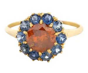 Vintage Fancy Orange Diamond Sapphire 14 Karat Yellow Gold Cluster Ring GIA