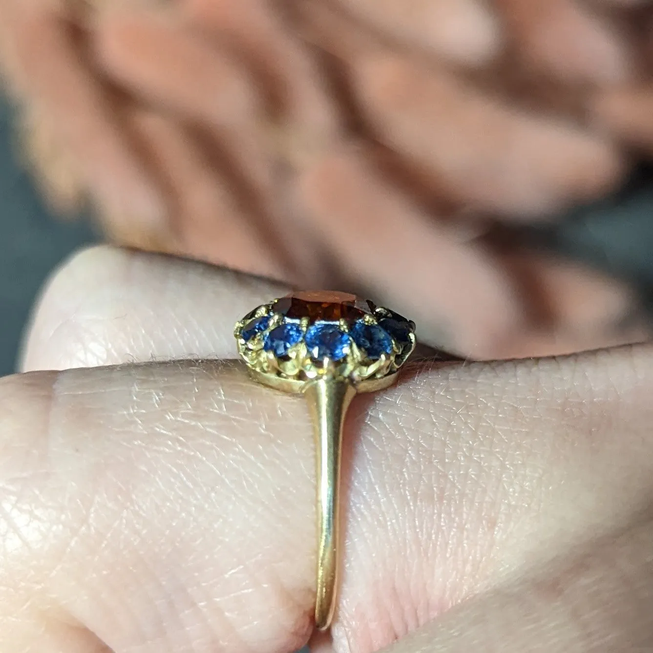 Vintage Fancy Orange Diamond Sapphire 14 Karat Yellow Gold Cluster Ring GIA