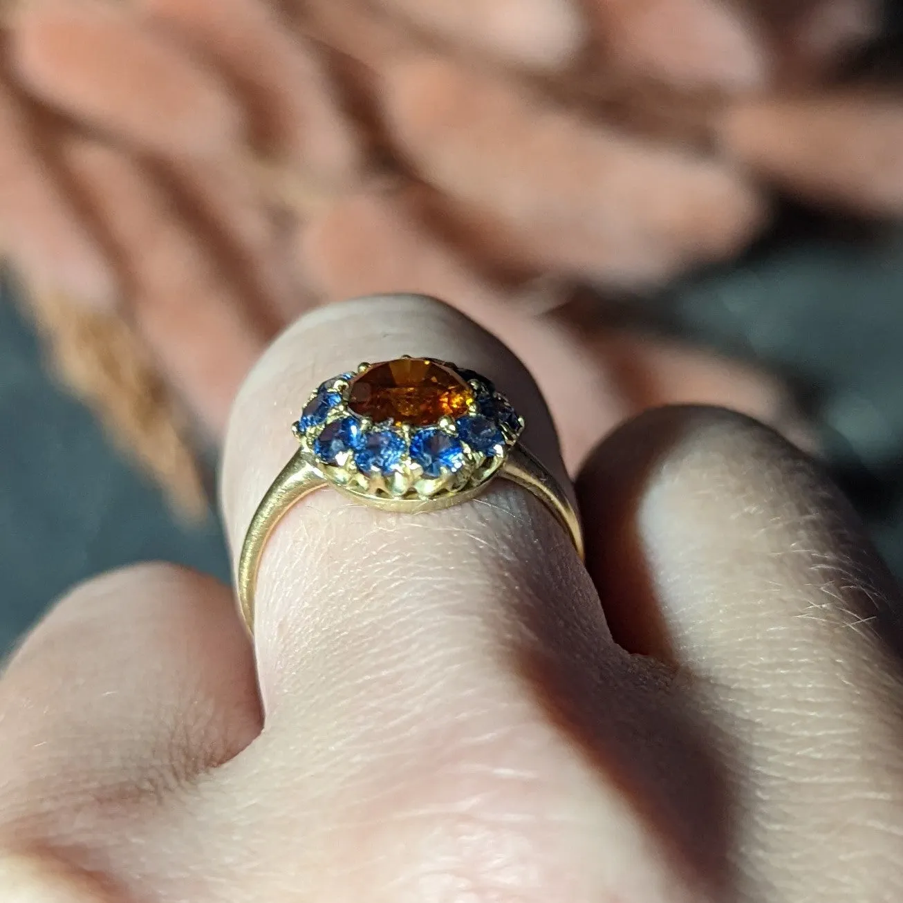 Vintage Fancy Orange Diamond Sapphire 14 Karat Yellow Gold Cluster Ring GIA