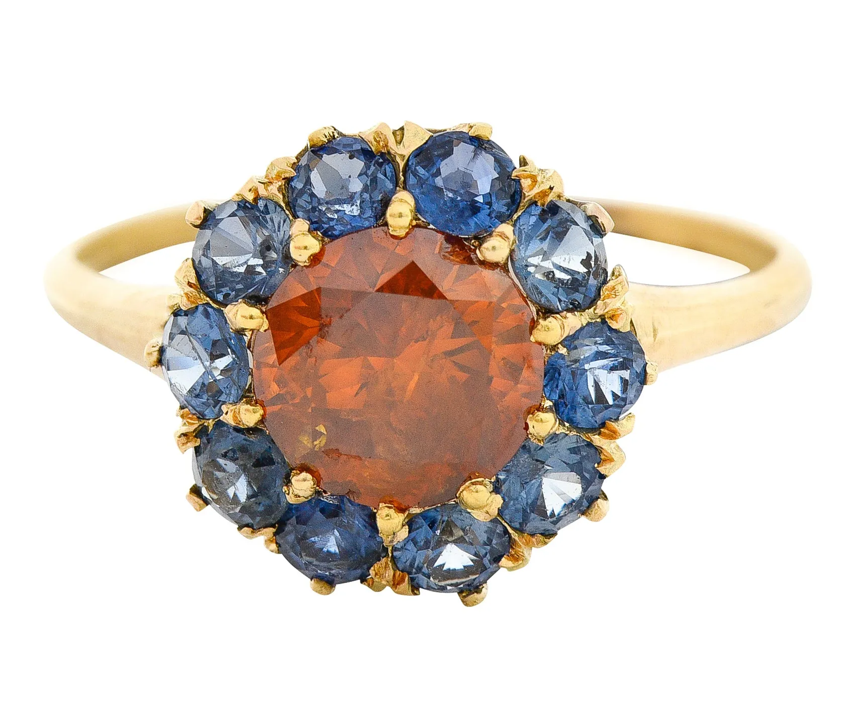 Vintage Fancy Orange Diamond Sapphire 14 Karat Yellow Gold Cluster Ring GIA