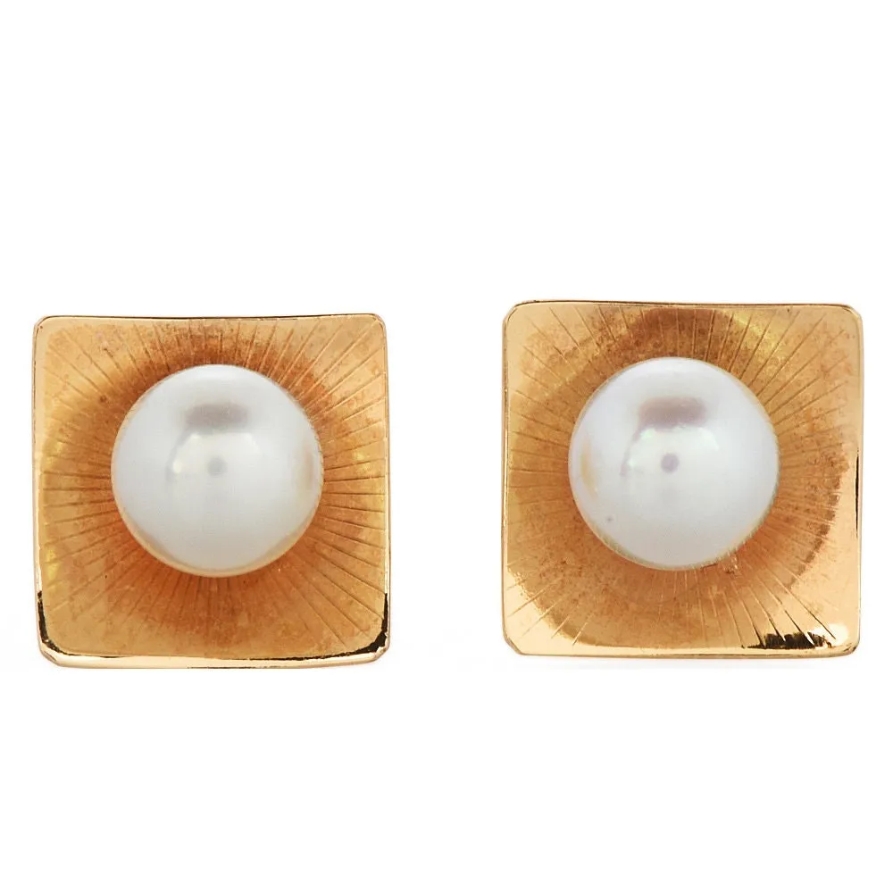 Vintage Gold and Pearl Square Stud Earrings