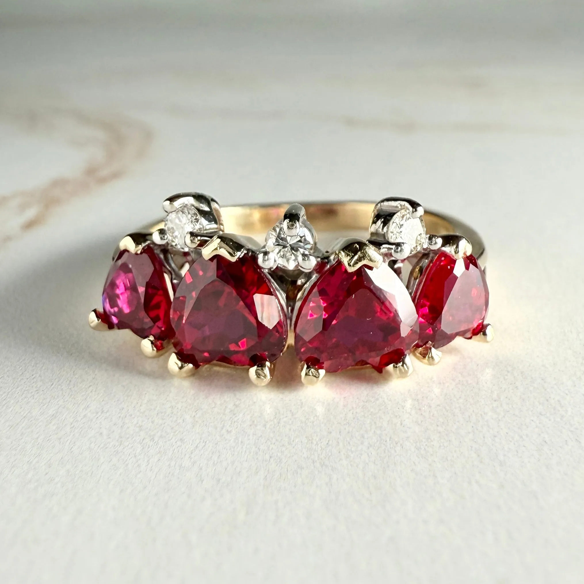 Vintage Lab Grown Ruby Heart and Diamond Band 14k