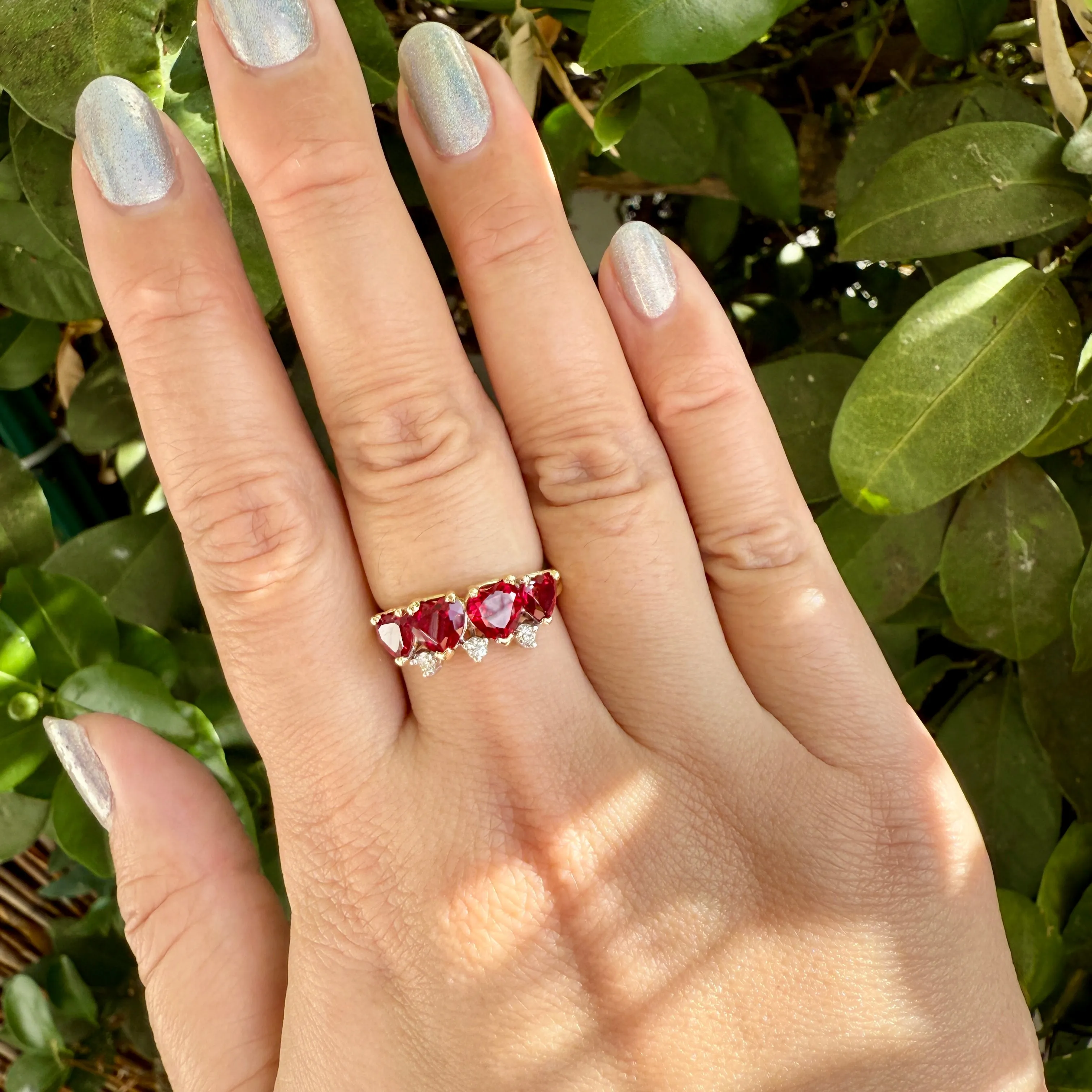 Vintage Lab Grown Ruby Heart and Diamond Band 14k