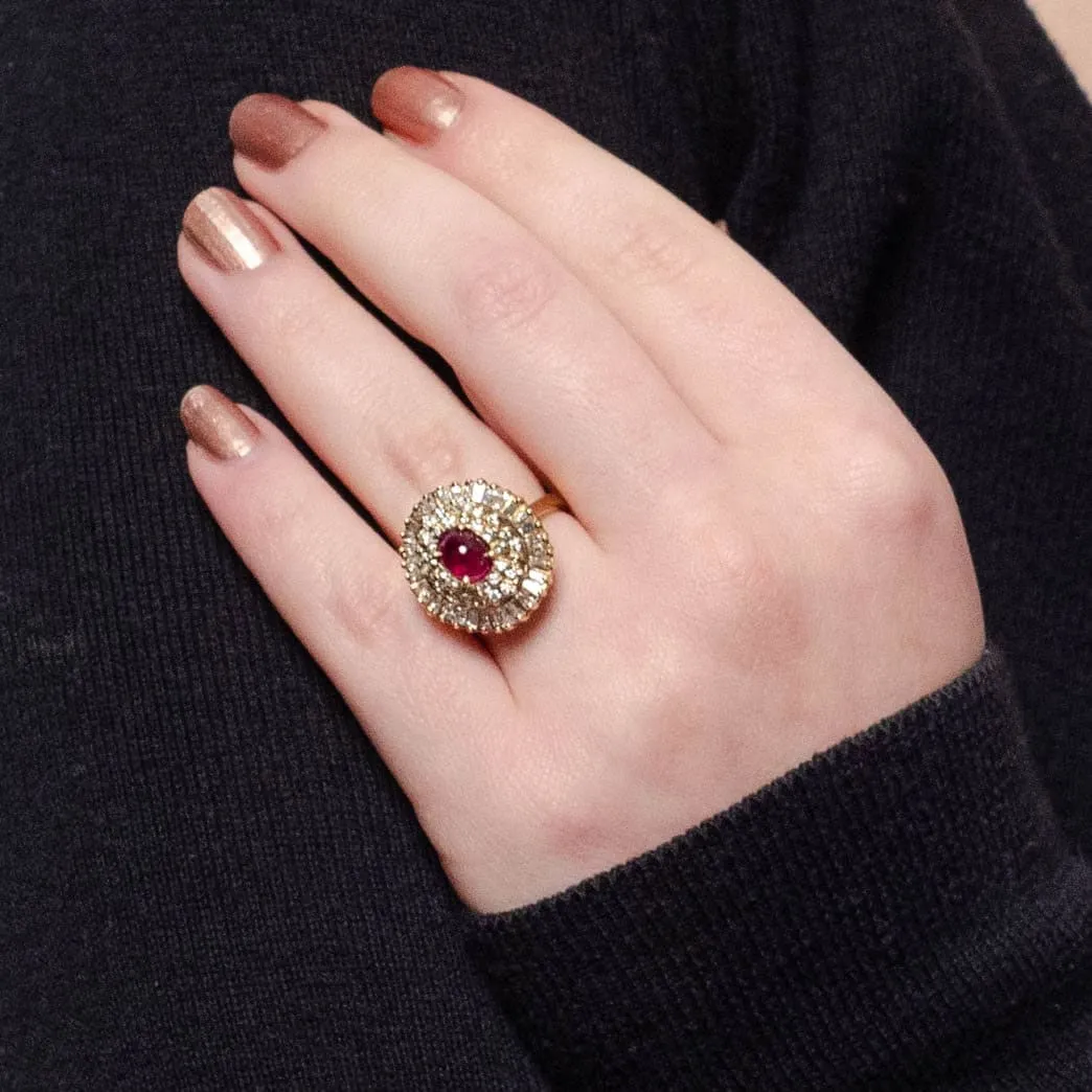 Vintage Ruby and Diamond Ballerina Ring of 14k Gold