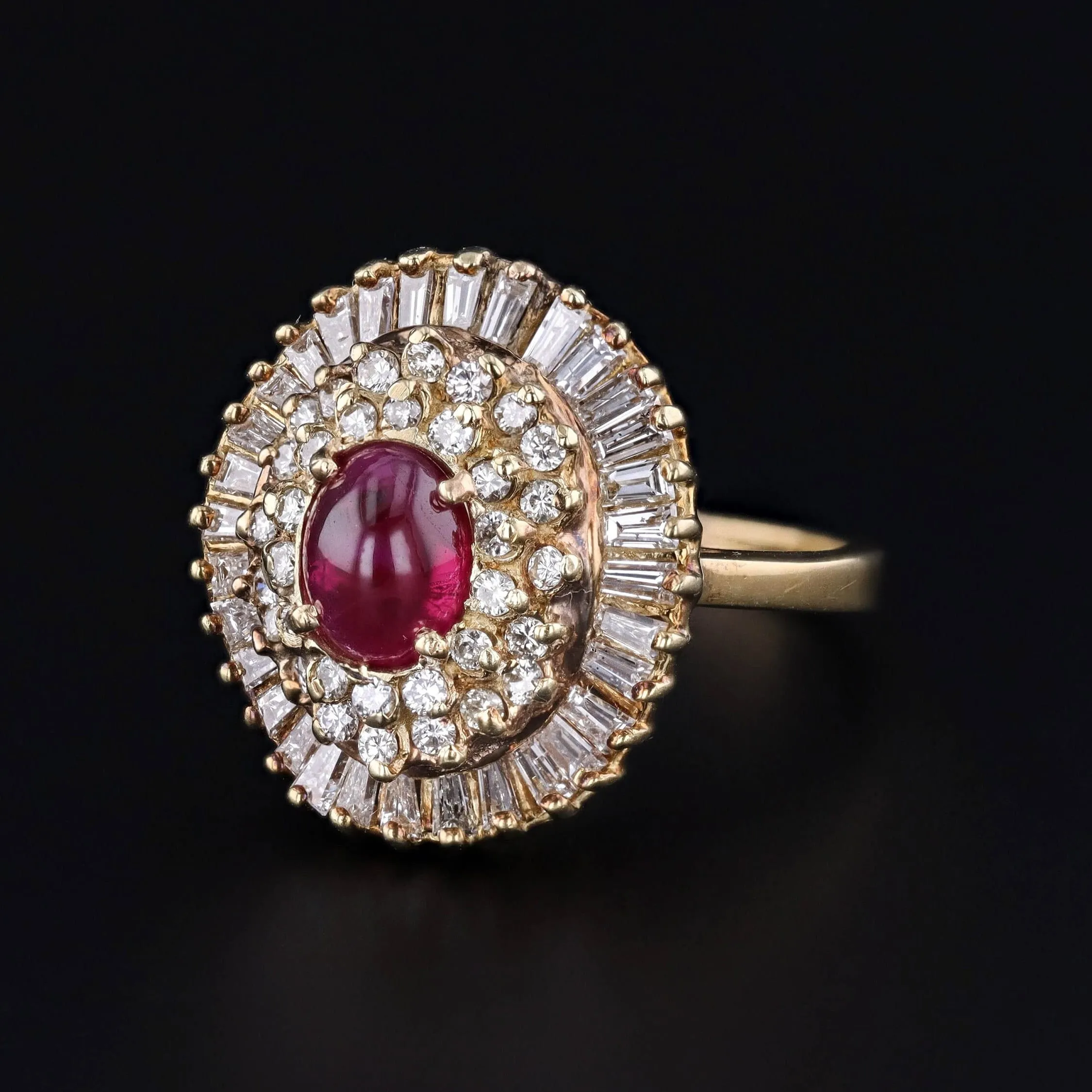 Vintage Ruby and Diamond Ballerina Ring of 14k Gold