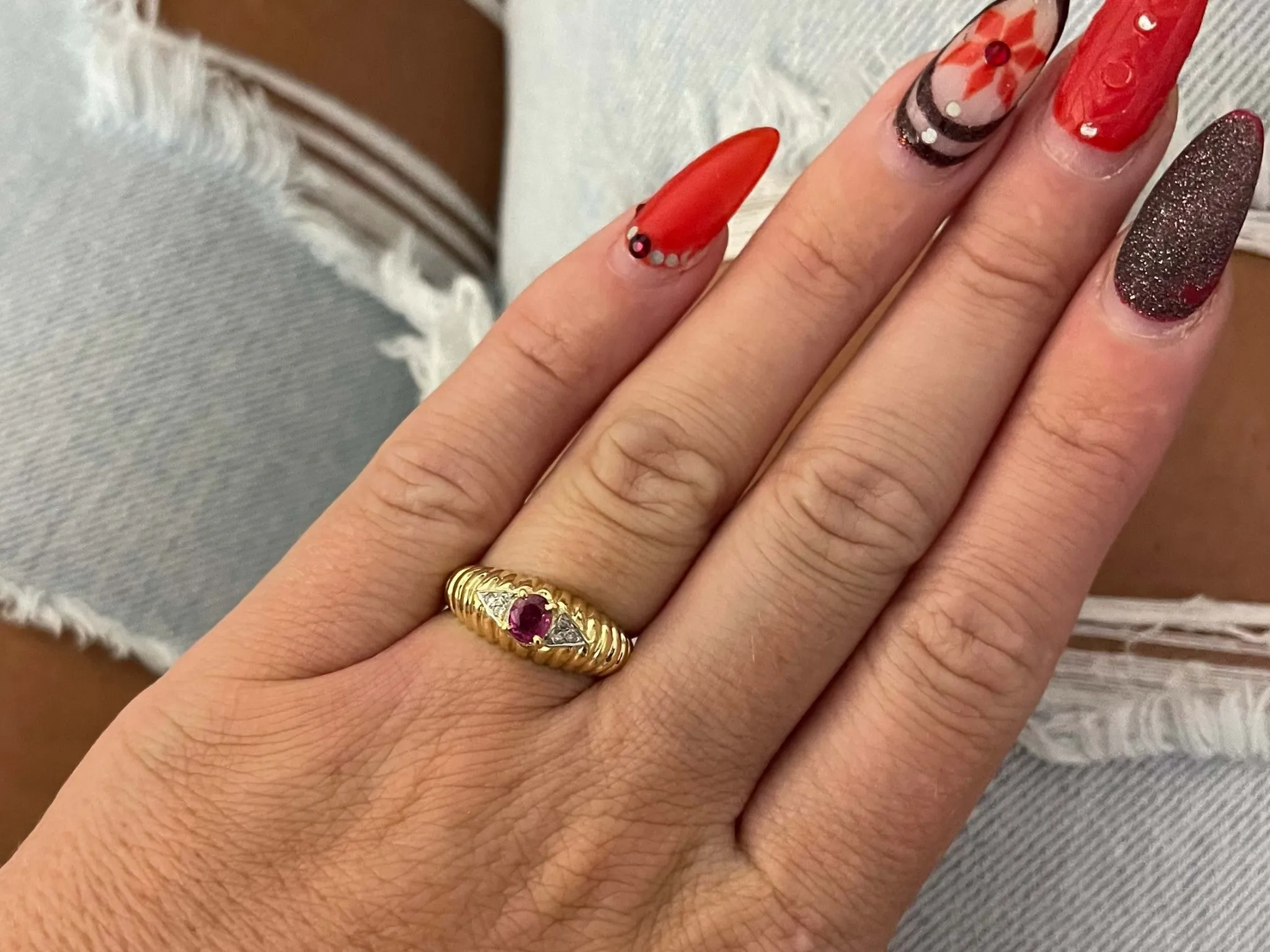 Vintage Ruby and Diamond Band Ring in 14k Yellow Gold