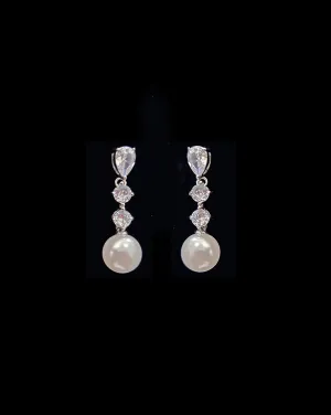 wedding earrings - dainty crystal cascade with round pearl drop - Isobel by Johnny b at Kezani