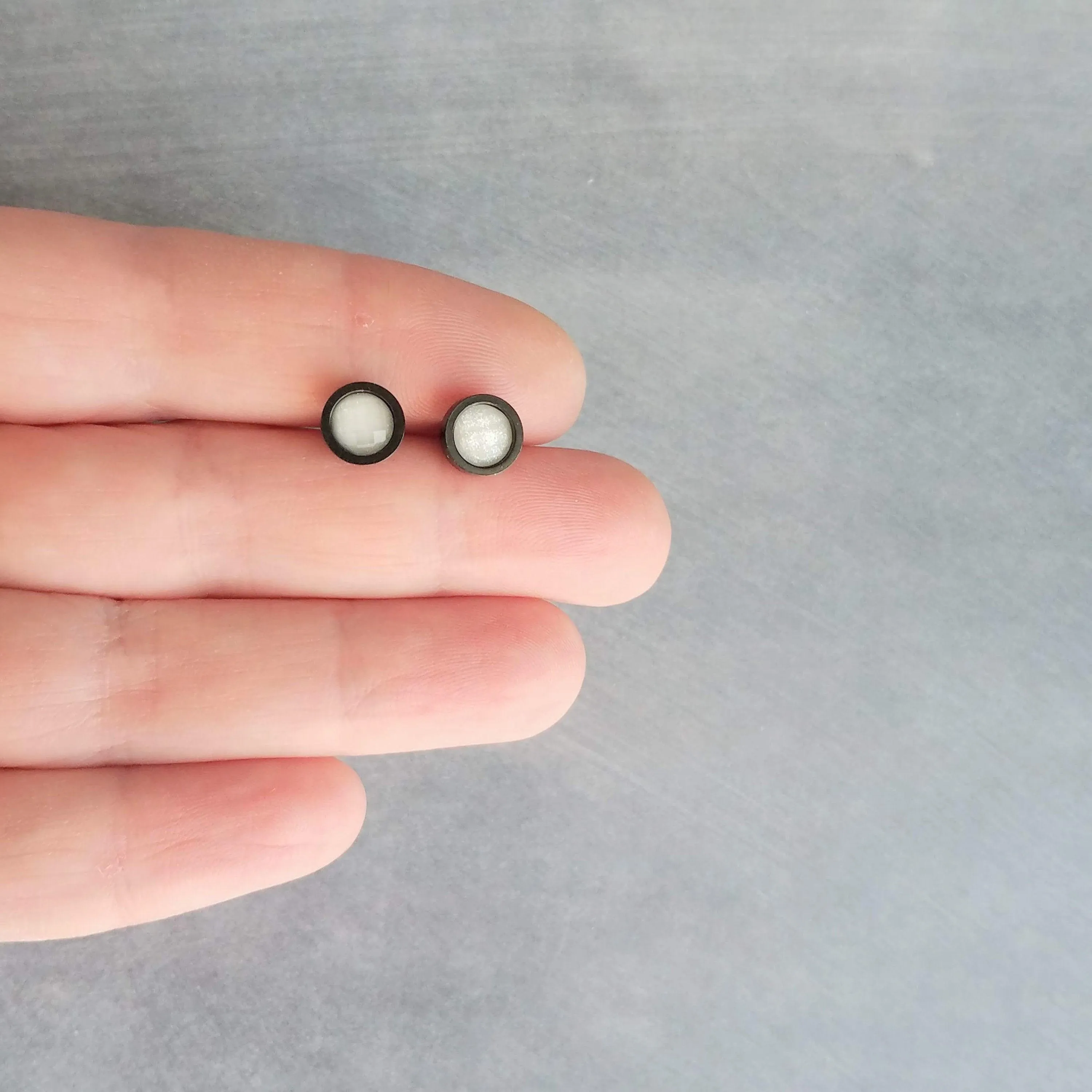 White Gold Stud Earrings, milky white stud earrings, milky white earrings, white stud earring, iridescent white, opal white, sparkle glitter