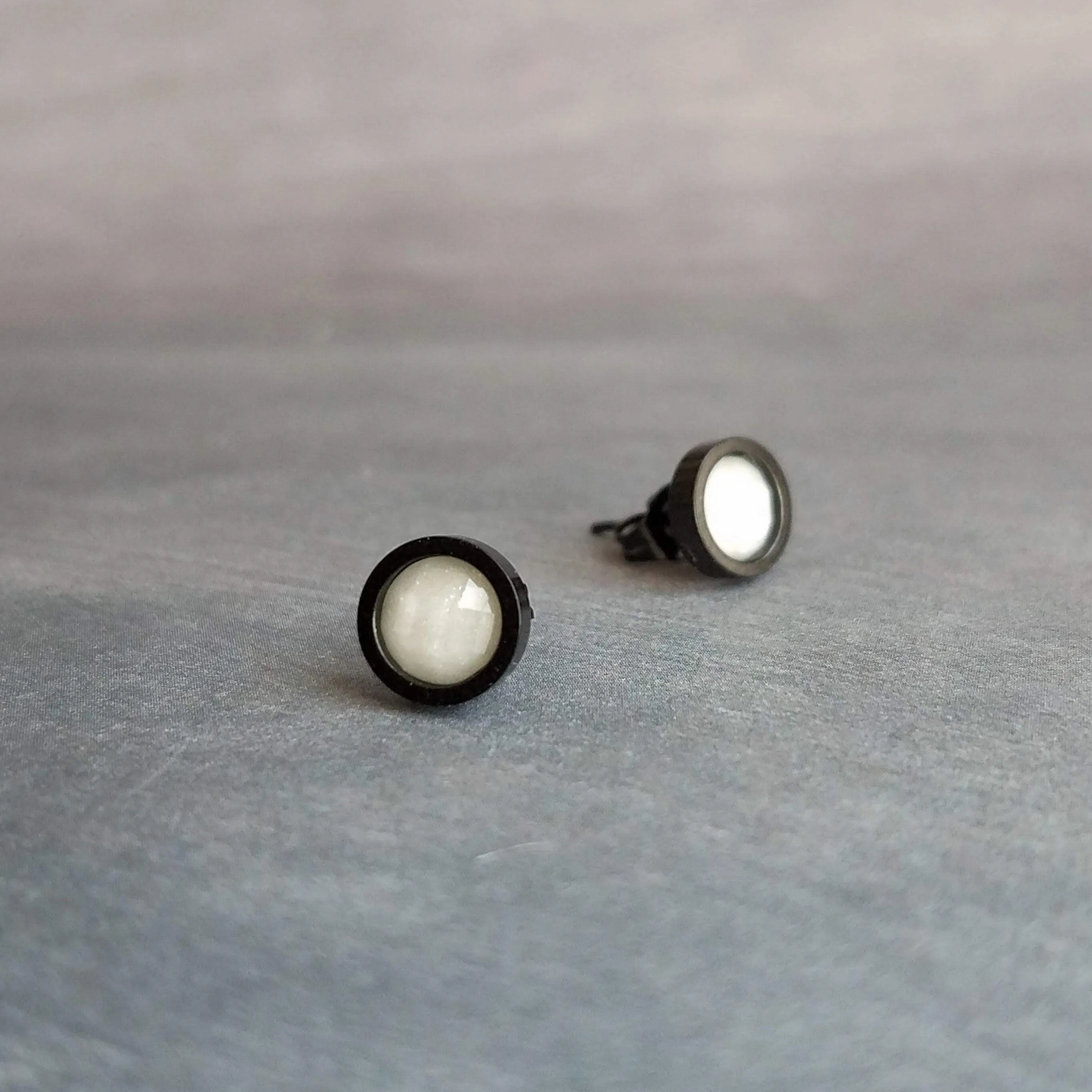 White Gold Stud Earrings, milky white stud earrings, milky white earrings, white stud earring, iridescent white, opal white, sparkle glitter