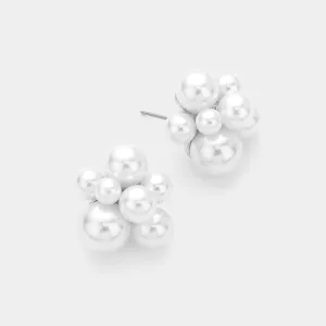 White Pearl Cluster Bridal Stud Earrings | Wedding Earrings  |  619417
