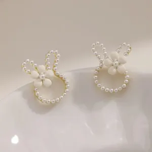 White Pearl Easter Bunny Stud Earrings
