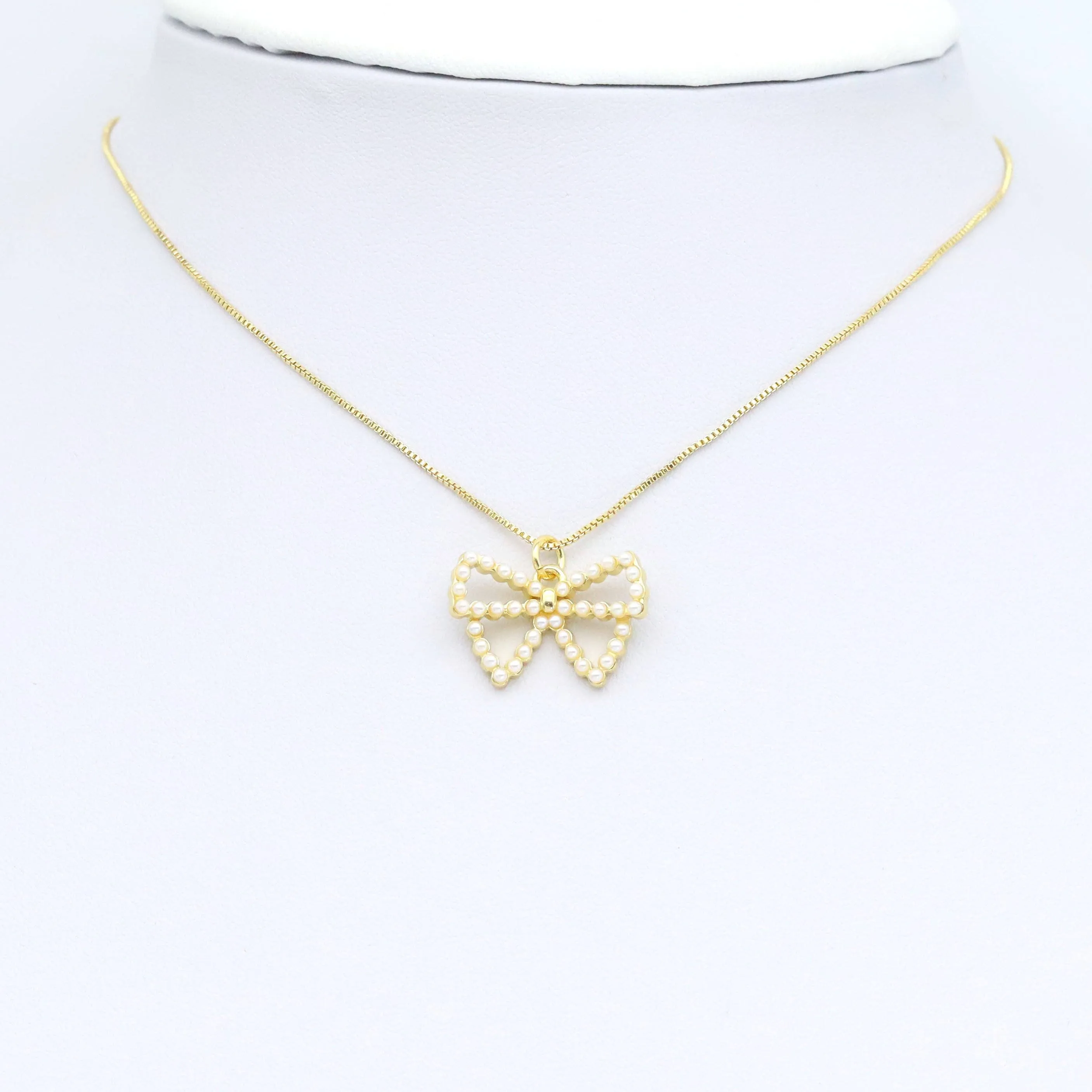 White Pearl Gold Bowknot Charm Pendant, bow charm, Sku#LK955