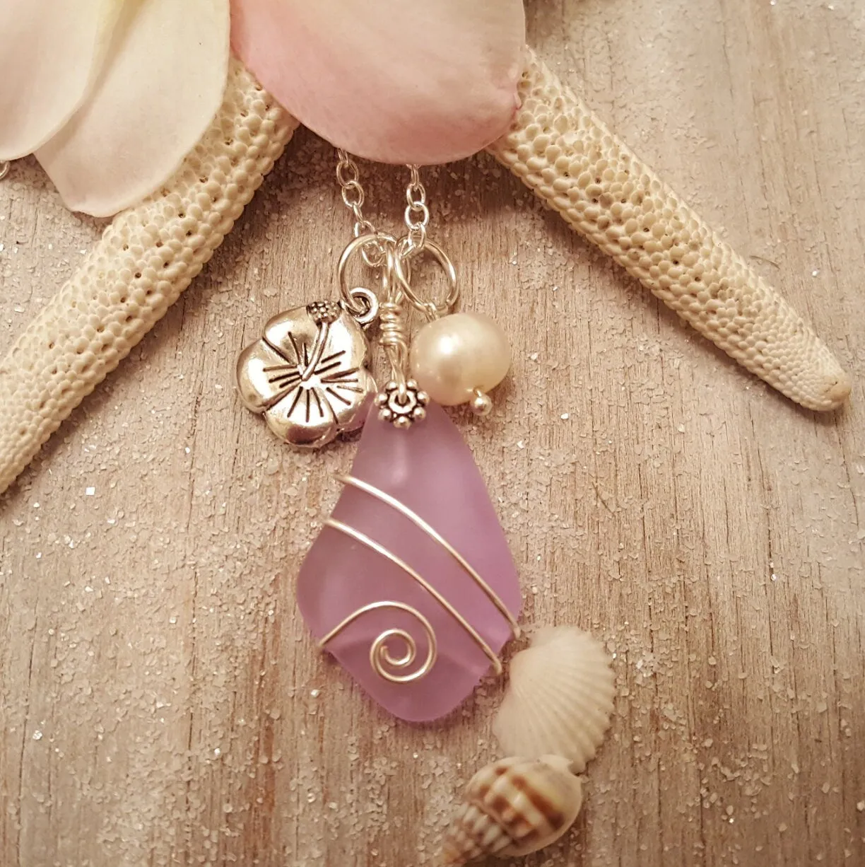 Wire wrapped  "Magical Color Changing" Purple sea glass necklace, "Feb Birthstone", Hawaii State Flower Hibiscus charm, natural pearl