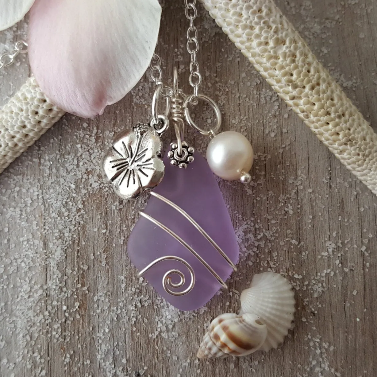 Wire wrapped  "Magical Color Changing" Purple sea glass necklace, "Feb Birthstone", Hawaii State Flower Hibiscus charm, natural pearl