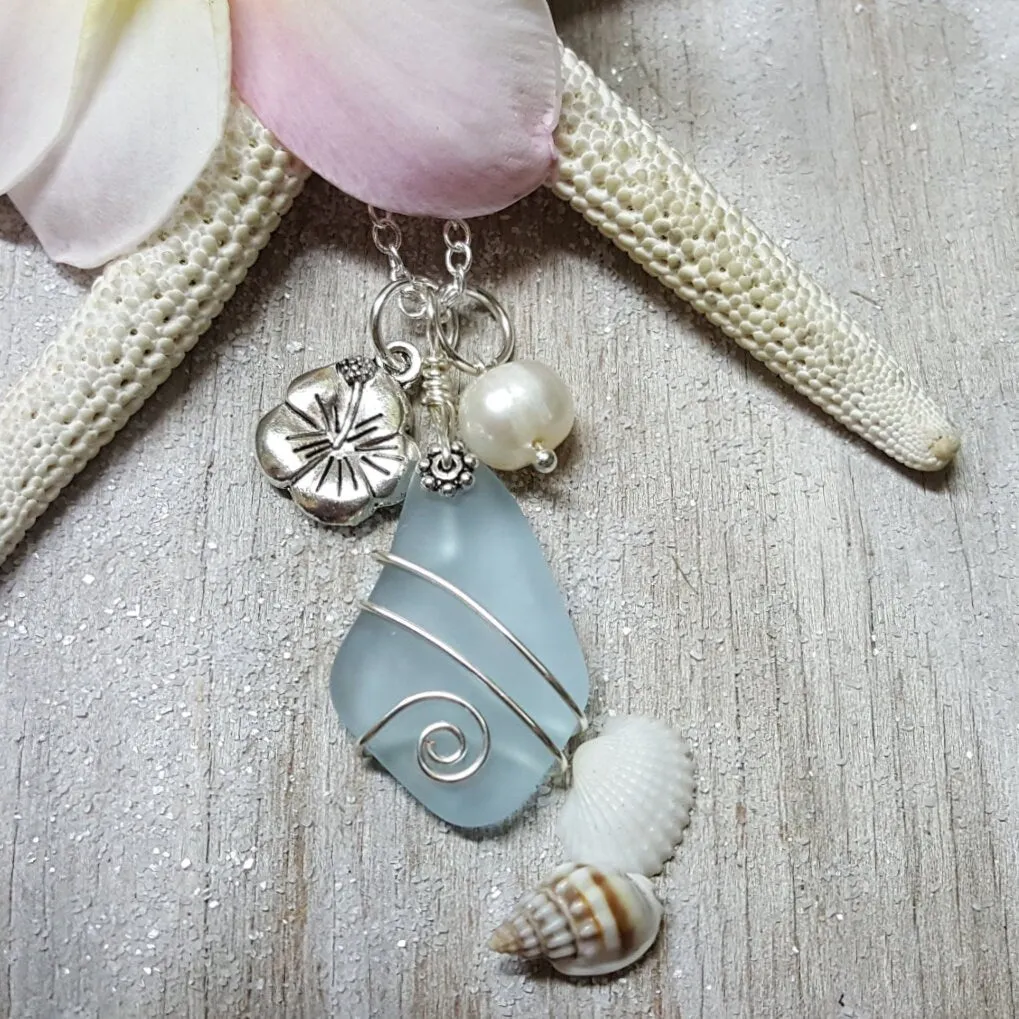 Wire wrapped  "Magical Color Changing" Purple sea glass necklace, "Feb Birthstone", Hawaii State Flower Hibiscus charm, natural pearl