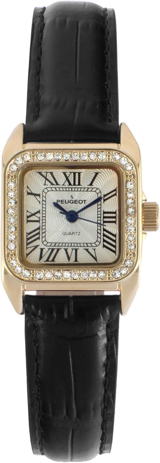 Women'S 14K Gold-Plated Tank Crystal Bezel Roman Numeral Black Leather Band Watch 3052BK