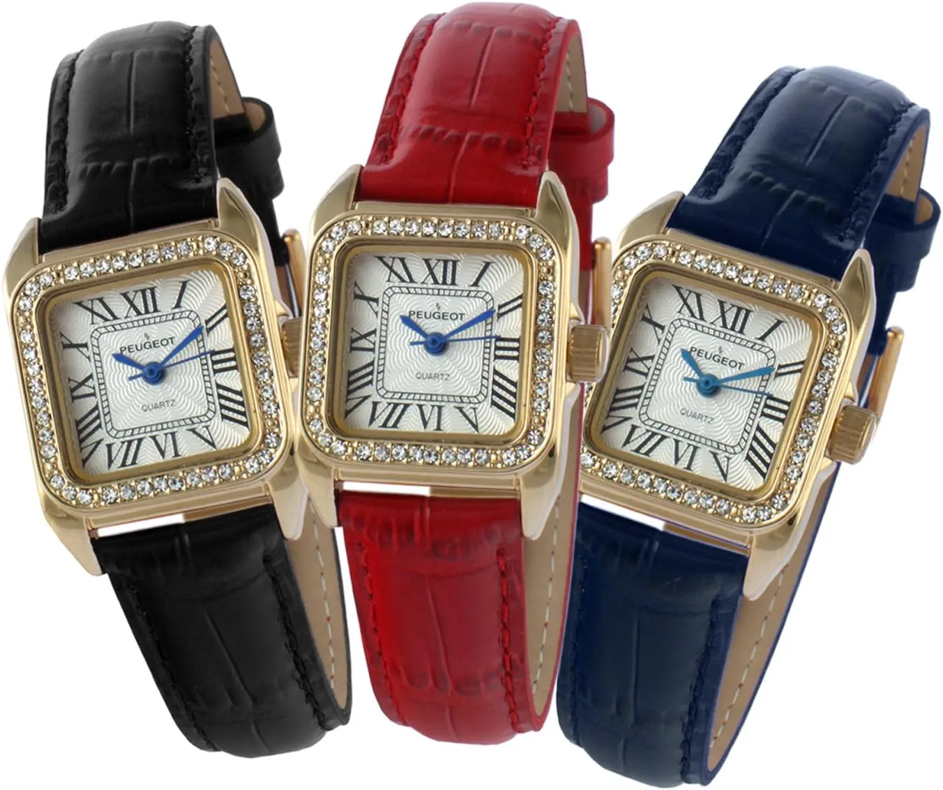 Women'S 14K Gold-Plated Tank Crystal Bezel Roman Numeral Black Leather Band Watch 3052BK
