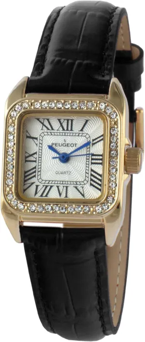 Women'S 14K Gold-Plated Tank Crystal Bezel Roman Numeral Black Leather Band Watch 3052BK