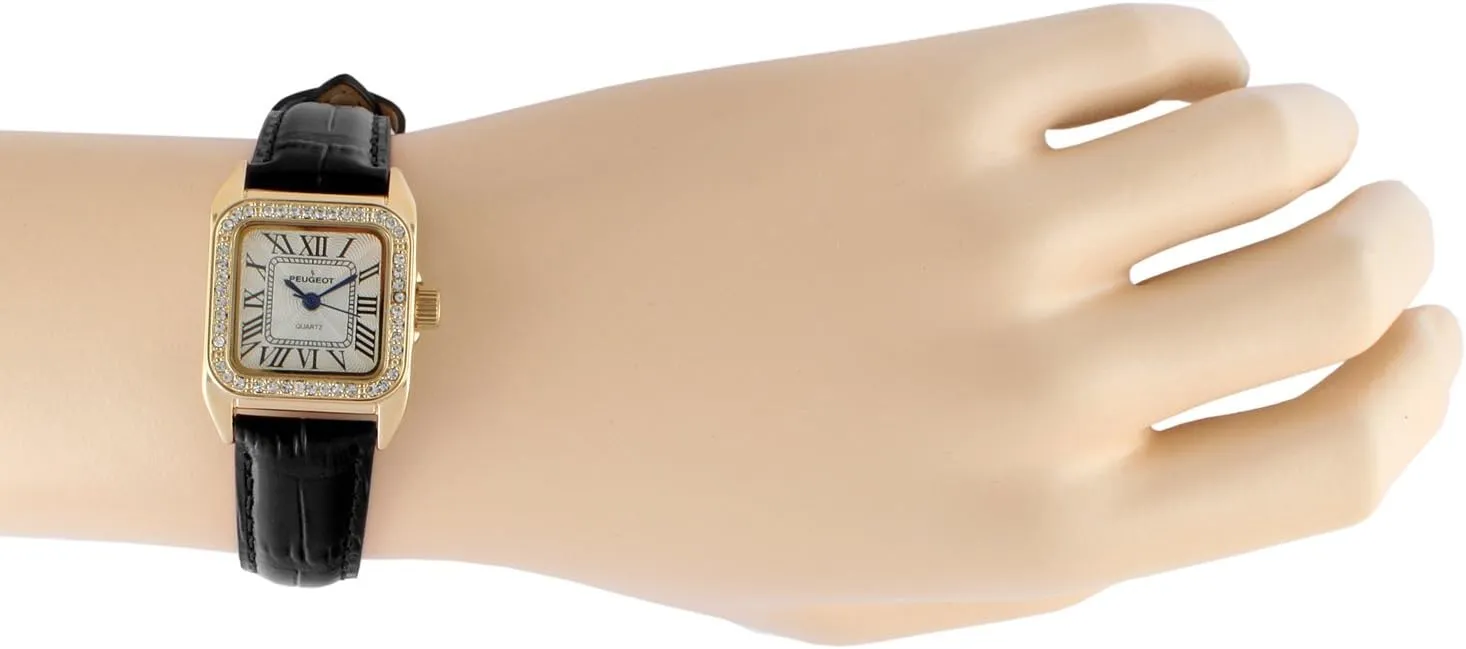 Women'S 14K Gold-Plated Tank Crystal Bezel Roman Numeral Black Leather Band Watch 3052BK